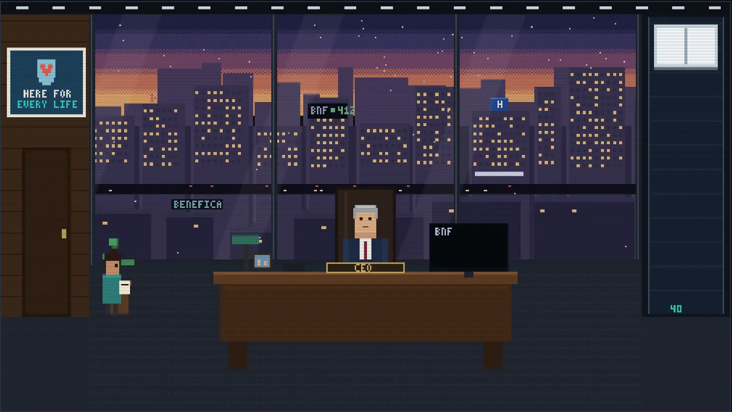 Pixel art: the CEO at his desk on the 40th floor, the city at dusk behind the glass